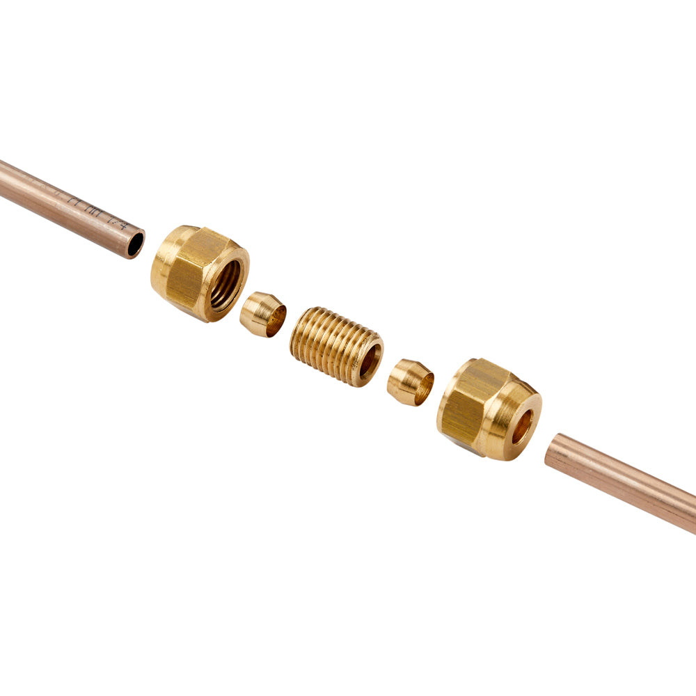 Brass Connector for plain pipes comprising 2 x females, 2 x olives and 1 x threaded connector